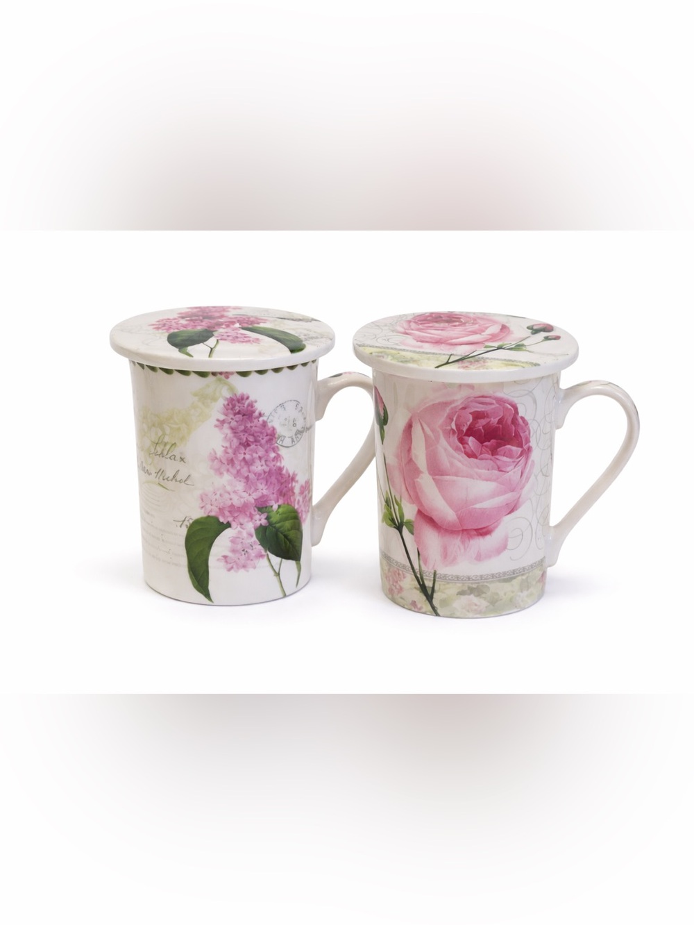 Kent Pottery Bone China Lidded Tea Mugs Set of 2 Pink Rose & Lilac Floral Cups